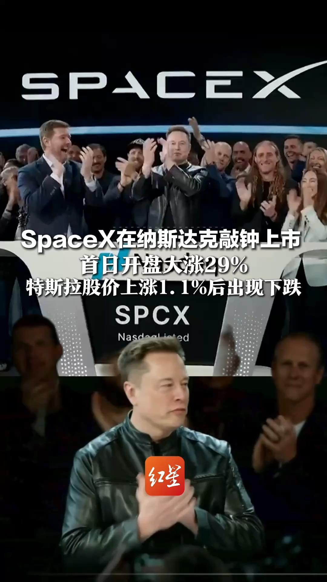 SpaceX在纳斯达克敲钟上市，首日开盘大涨29%，马斯克个人财富或将突破万亿美元，特斯拉股价上涨1.1%后出现下跌
