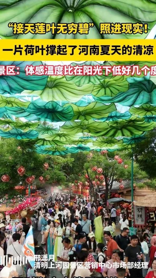 #河南景区把大片荷叶化作遮阳伞# 这个夏天，河南开封清明上河园景区打造荷叶创意遮阳设施，“鱼戏莲叶间”具象化了。烈日之下，游人行于荷叶之间，凉意微生，恍若误入宋代被诗意浸润过的夏。（顶端新闻记者 孟月