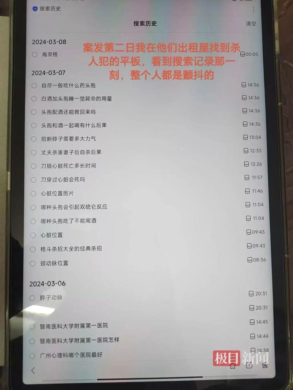 案发前杨肖的搜索历史（受访者供图）