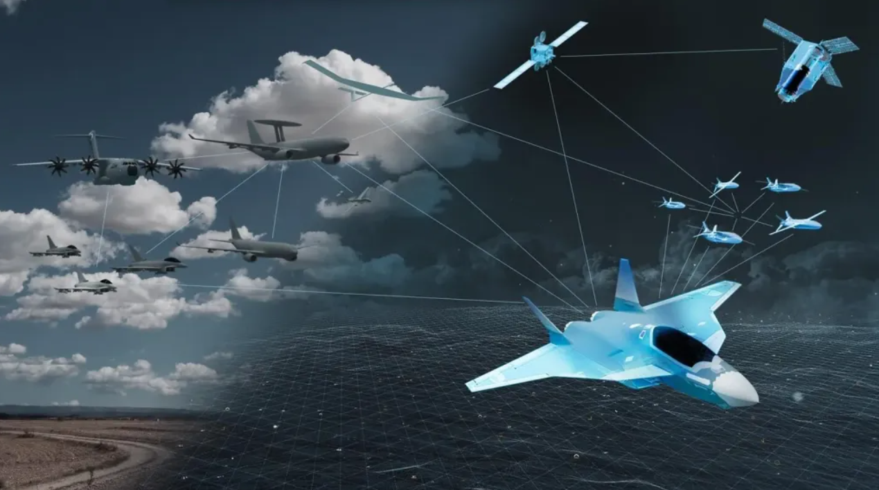 一张空客公司的概念图显示,新一代战斗机(NGF)通过基于卫星的作战云与远程载具、各类传统作战及支援平台相连接。
