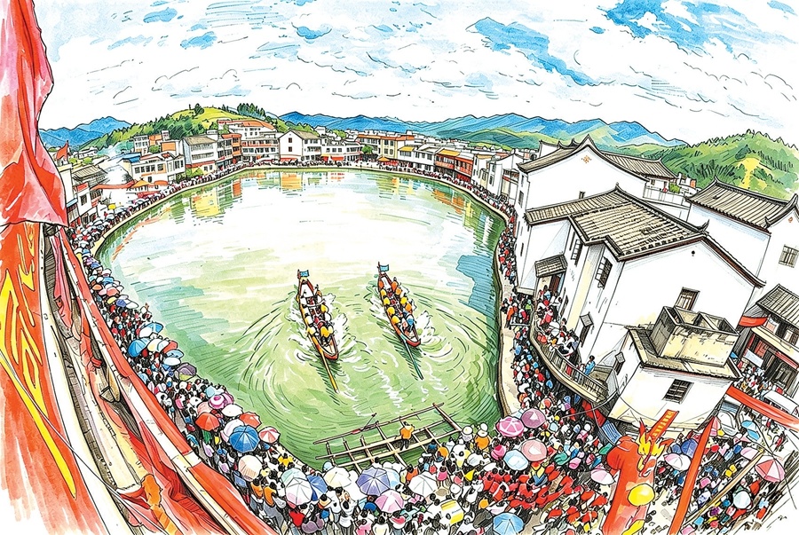 龙南杨村镇的乡村池塘里龙舟竞渡热闹非凡。(AI制图)