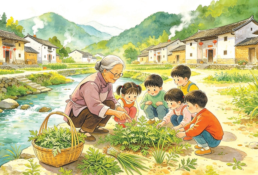 老奶奶正在教村里的小孩辨认艾草、菖蒲等草药。(AI制图)