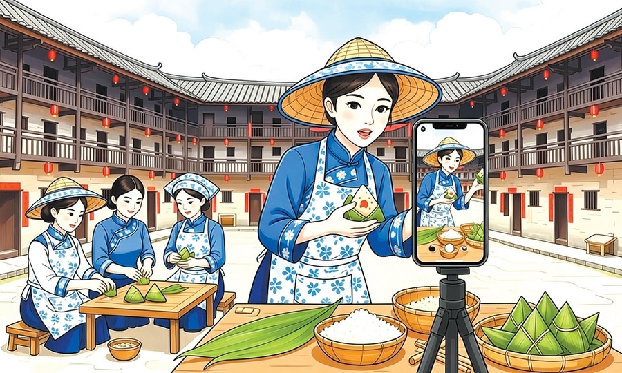 返乡青年正在客家围屋里直播售卖粽子。(AI制图)