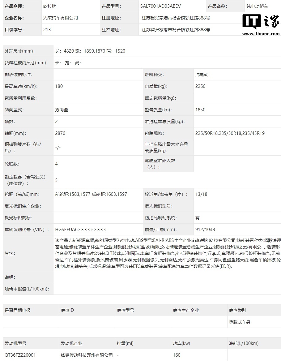 欧拉ORA 7 参数详情
