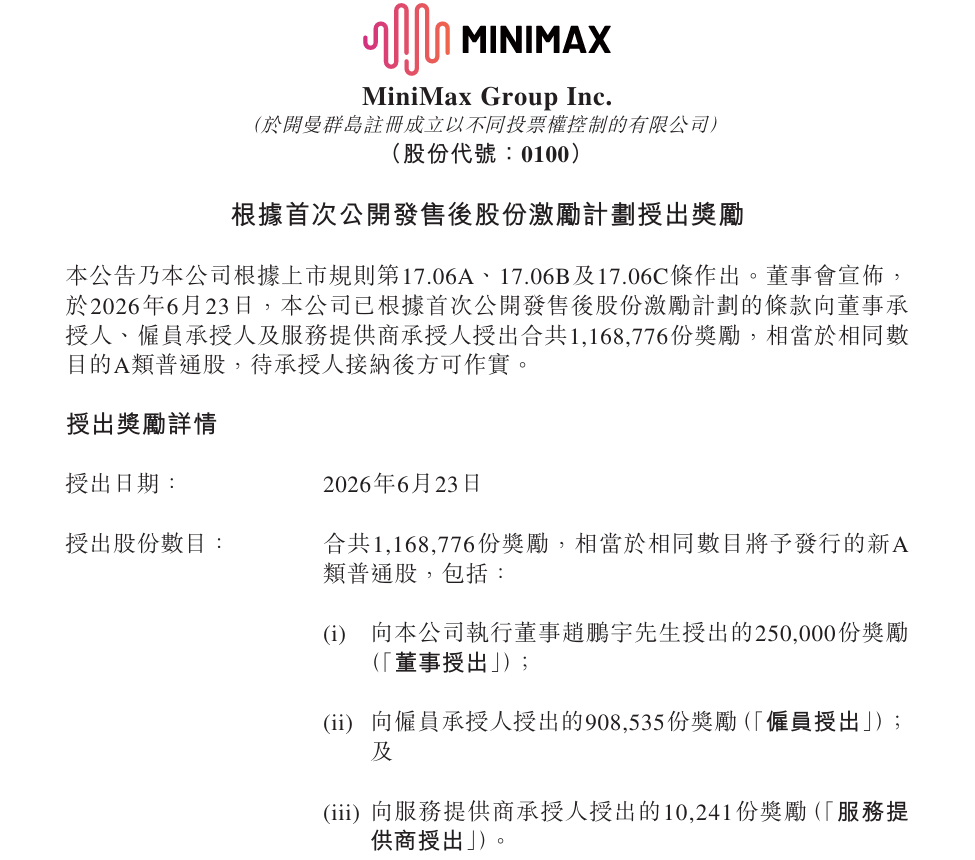 MiniMax给员工发6亿股权激励