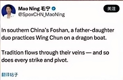 图为:外交部发言人毛宁在海外社交平台点赞转发叠滘龙船