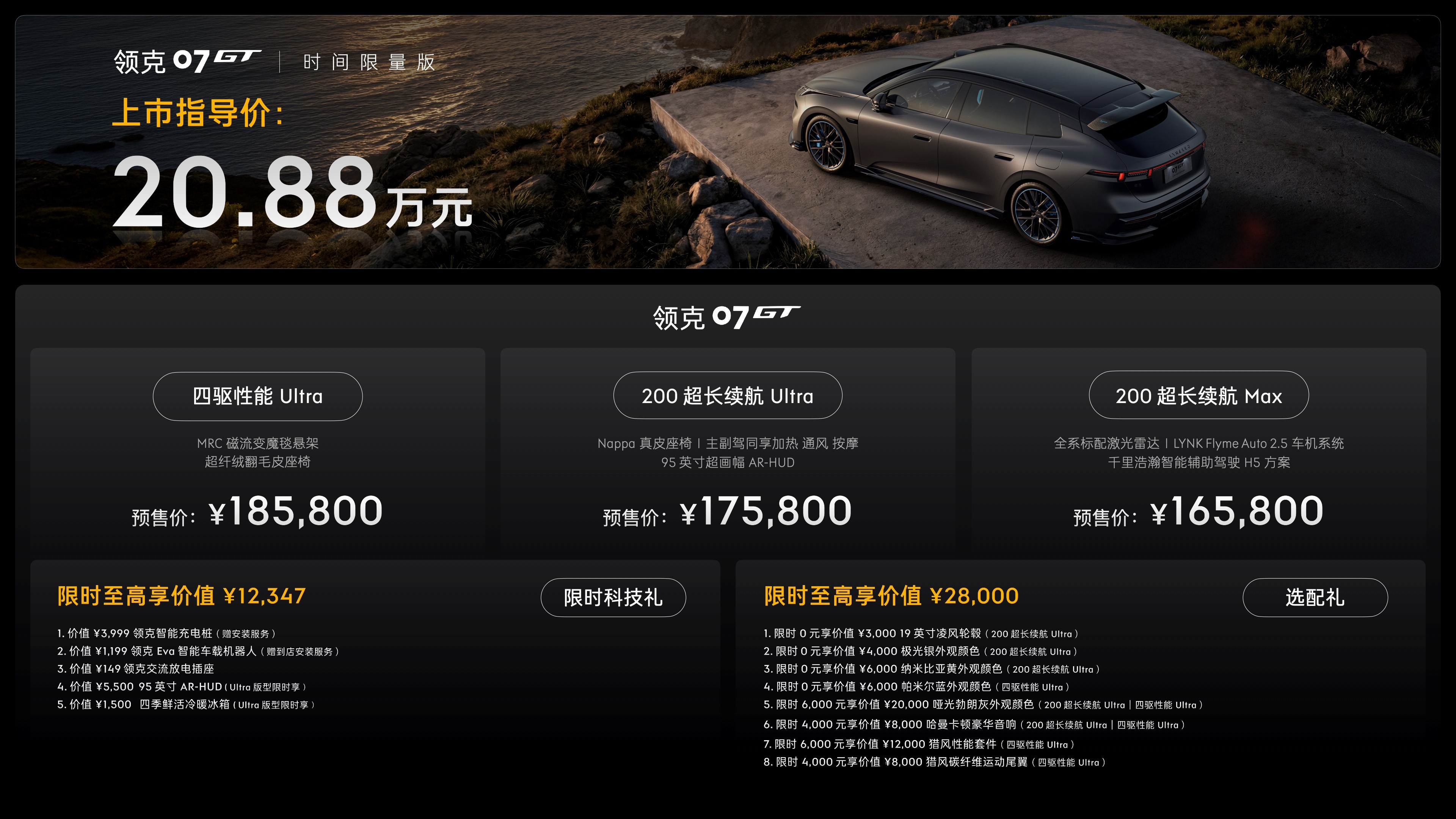 领克07GT开启预售16.58万元起 07GT时间限量版售价20.88万元/限1007台