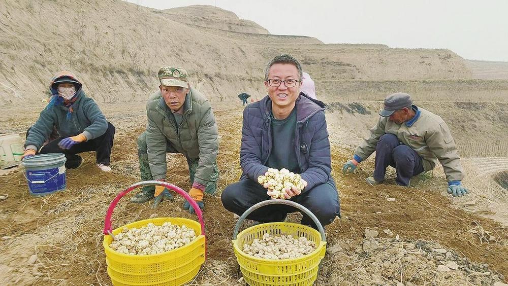 祁顺利(左三)和村民在采收贝母( 静宁县融媒体中心供图)