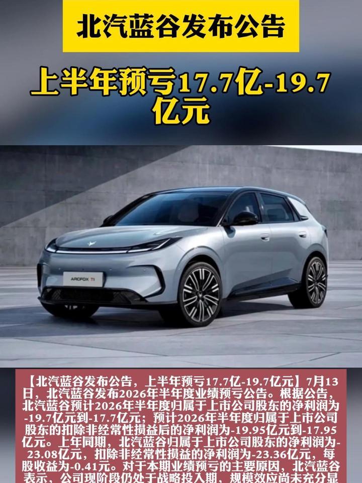 北汽蓝谷发布公告，上半年预亏17.7亿-19.7亿元