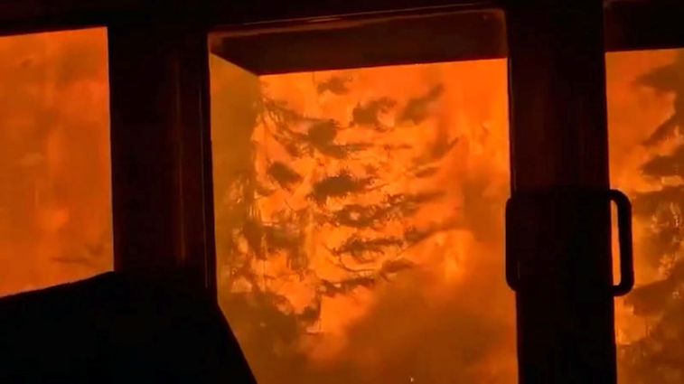 Terrifying Scene! A Canadian Freight Train Trapped by Blazing Wildfires: Flames Pressing Close Outside the Window