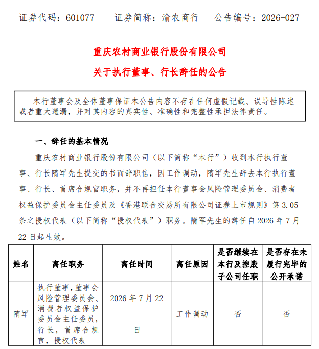 刚发完半年度亮眼业绩仅两天 A股最大农商行重庆农商行行长隋军因工作调动辞任