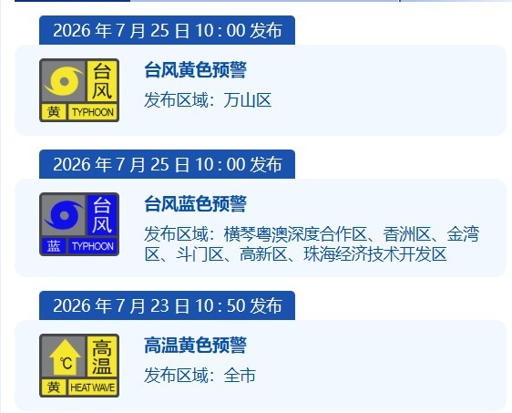 珠海万山区台风黄色预警信号生效