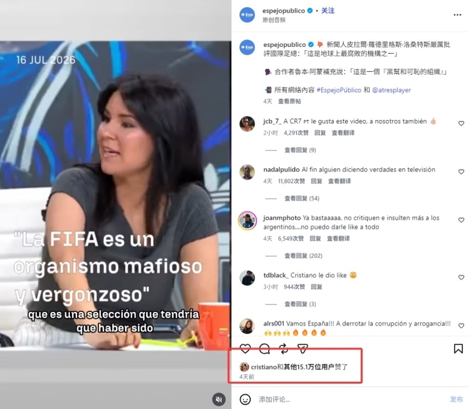 外媒炮轰“FIFA想把世界杯送给阿根廷”，C罗点赞