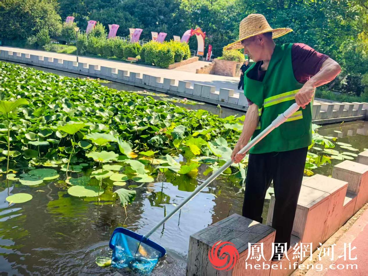 工作人员正在打捞水面垃圾