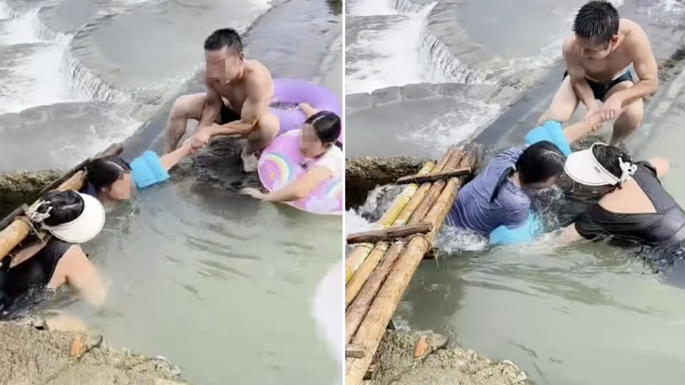 女子跌入湍急水渠，周围游客合力拽回