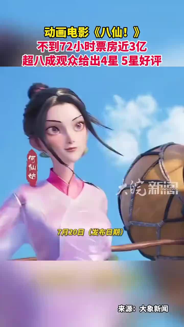 动画电影《八仙！》 不到72小时票房近3亿 超八成观众给出4星 5星好评