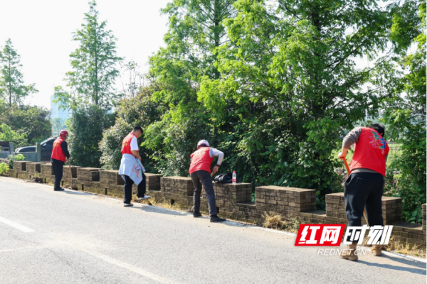 党员在清理路面垃圾。