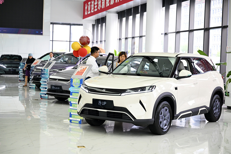 7月27日,消费者在石家庄市桥西汽车园选购新能源汽车。