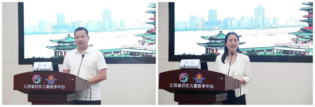 ▲重庆医科大学附属儿童医院江西医院医护办主任邬均致辞(左图) 重庆医科大学附属儿童医院江西医院综合内科主任舒畅主持开幕式(右图)