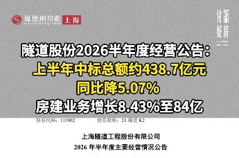 隧道股份2026半年度经营公告：房建业务增长8.43%至84亿