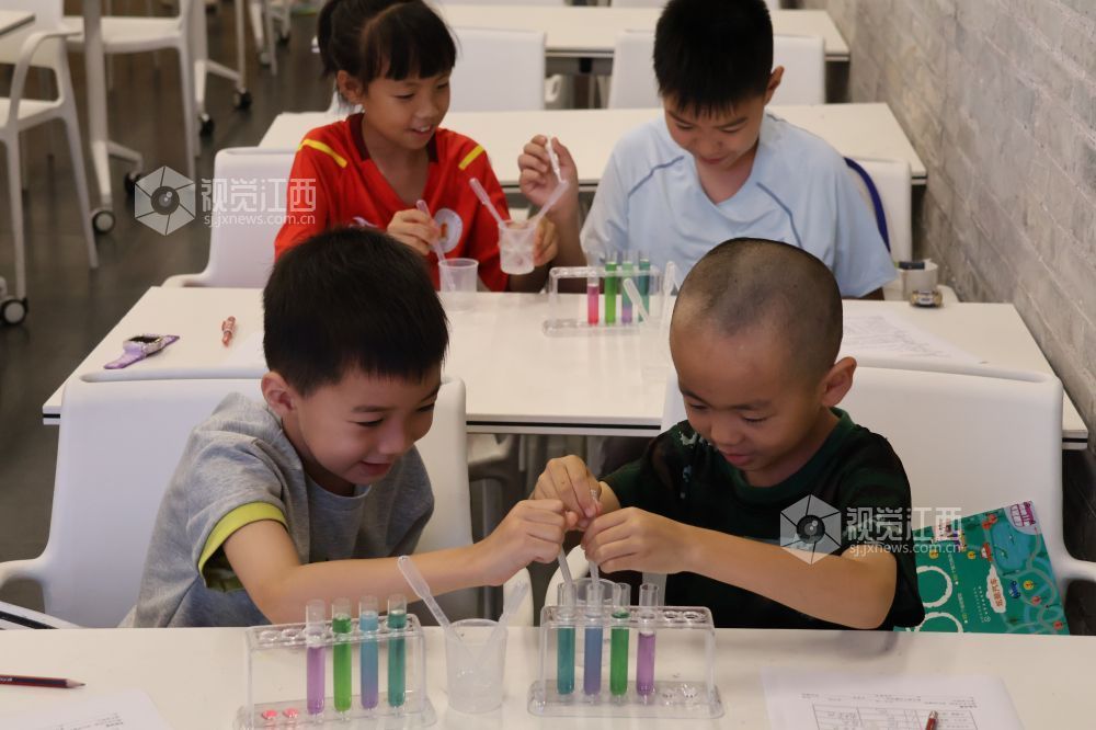 2026年7月29日，在江西省吉安市吉州区庐陵县学托管班，孩子们正在亲手做实验.