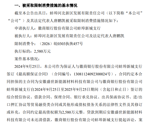 蚌埠河北发展：公司及法定代表人唐鹏凯被法院采取限制消费措施