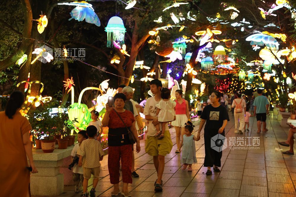 8月6日，游人在南昌天香园赏灯夜游。