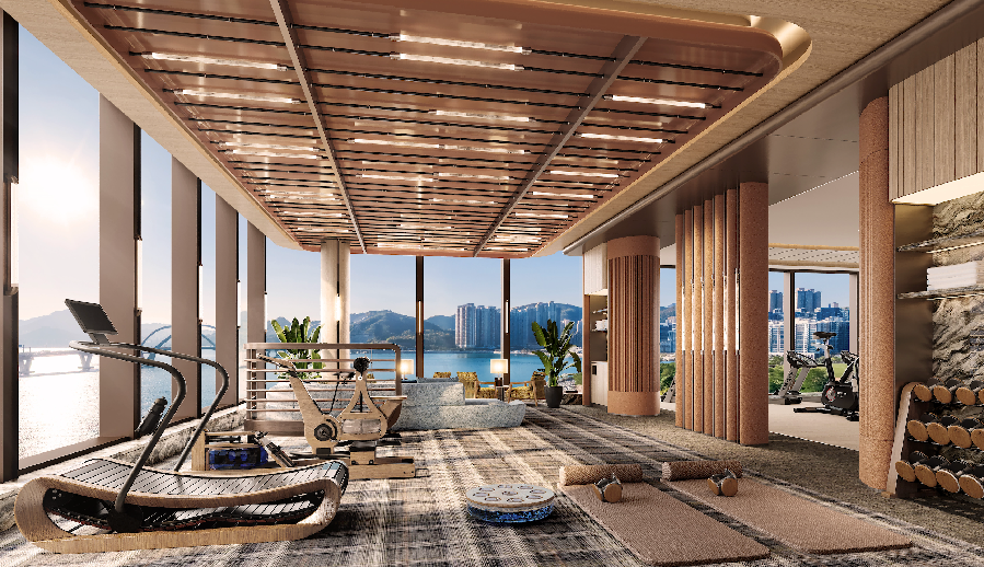 （图片说明：临海健体贵宾室 AQUA WELLNESS，图像为发展项目期数会所及康乐设施设计的模拟效果合成图，含有于2026年1月22日于发展项目上空即香港主水平基准以上的高度约23.75米拍摄的相片及发展项目期数会所及康乐设施的模拟效果图。图像经电脑合成及电脑修饰处理，并非按照比例绘制，仅供参考。）