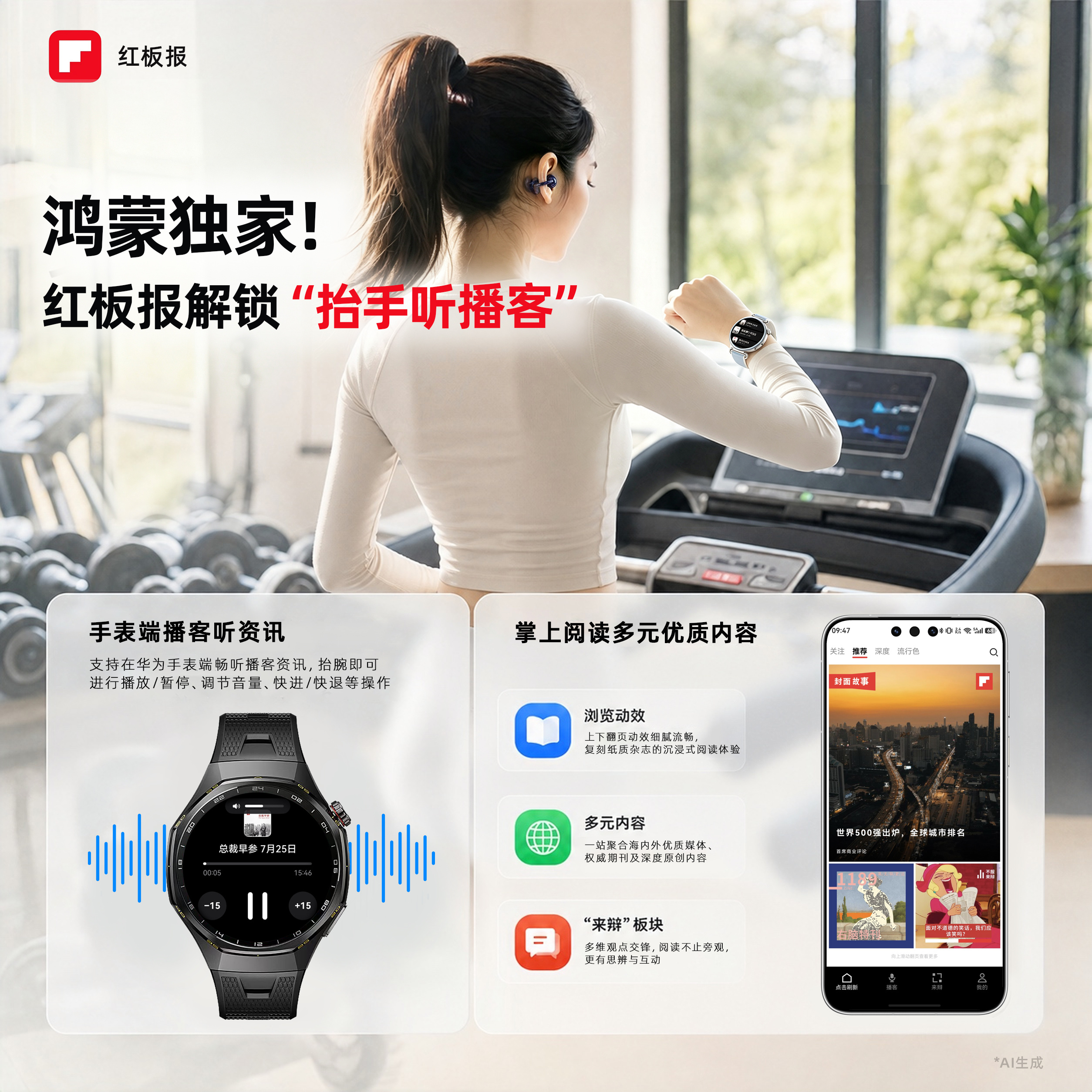 红板报独家上线鸿蒙手表！抬腕即可听播客，数字杂志随心享