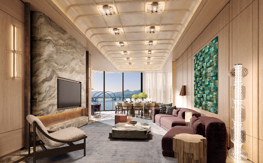 （图片说明：临海盛宴厅 GRAND MIRABELLE HOUSE，图像为发展项目期数会所及康乐设施设计的模拟效果合成图，含有于2026年1月22日于发展项目上空即香港主水平基准以上的高度约23.75米拍摄的相片及发展项目期数会所及康乐设施的模拟效果图。图像经电脑合成及电脑修饰处理，并非按照比例绘制，仅供参考。）