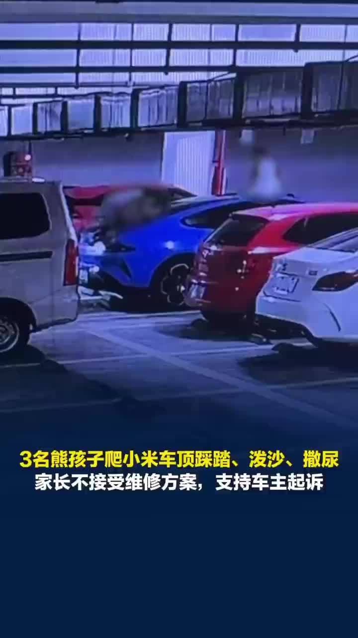 3名熊孩子爬小米车顶泼沙撒尿，车主：维修报价及车衣费用约两万四；家长：赔偿金额“太离谱”，支持起诉