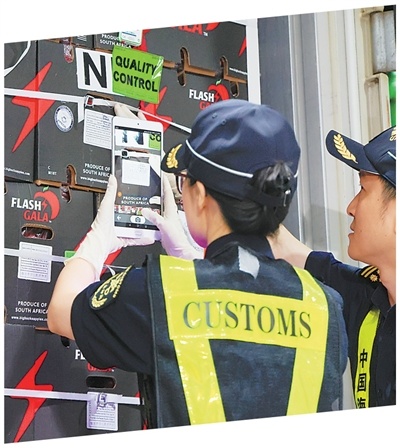 今年5月1日起,中国对53个非洲建交国全面实施零关税举措。图为4月30日晚,海关关员在深圳湾口岸查验即将零关税通关的进口南非苹果。新华社记者 毛思倩摄