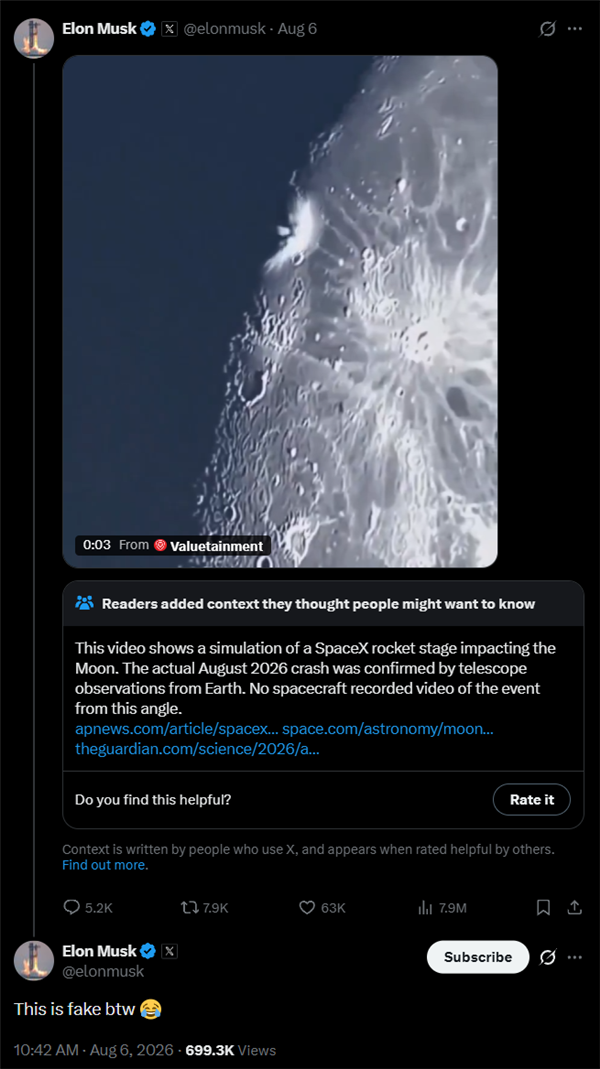 马斯克也被骗了！SpaceX火箭残骸撞月视频是假的：没有太空设备拍到