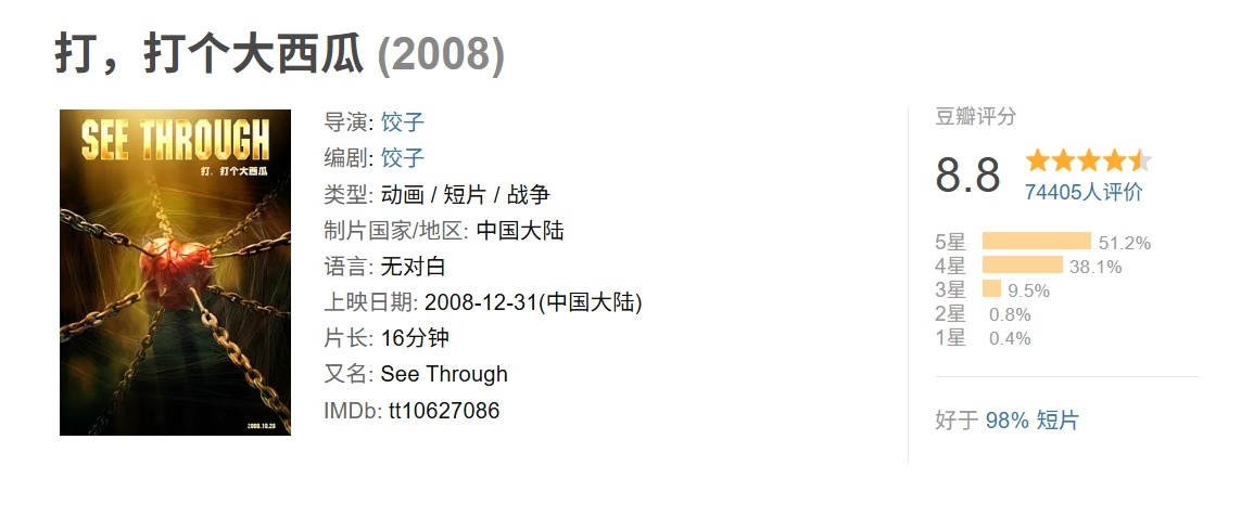 导演饺子早年创作的动画短片《打，打个大西瓜》