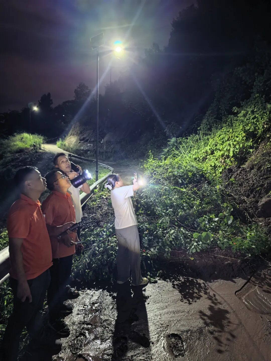 8月4日晚,梁山街道东山村一组,区规划自然资源局、区规划自然资源局梁山管理所会同梁山街道办事处及川东南地质大队对边坡垮塌现场进行核实调查。梁平区应急管理局供图
