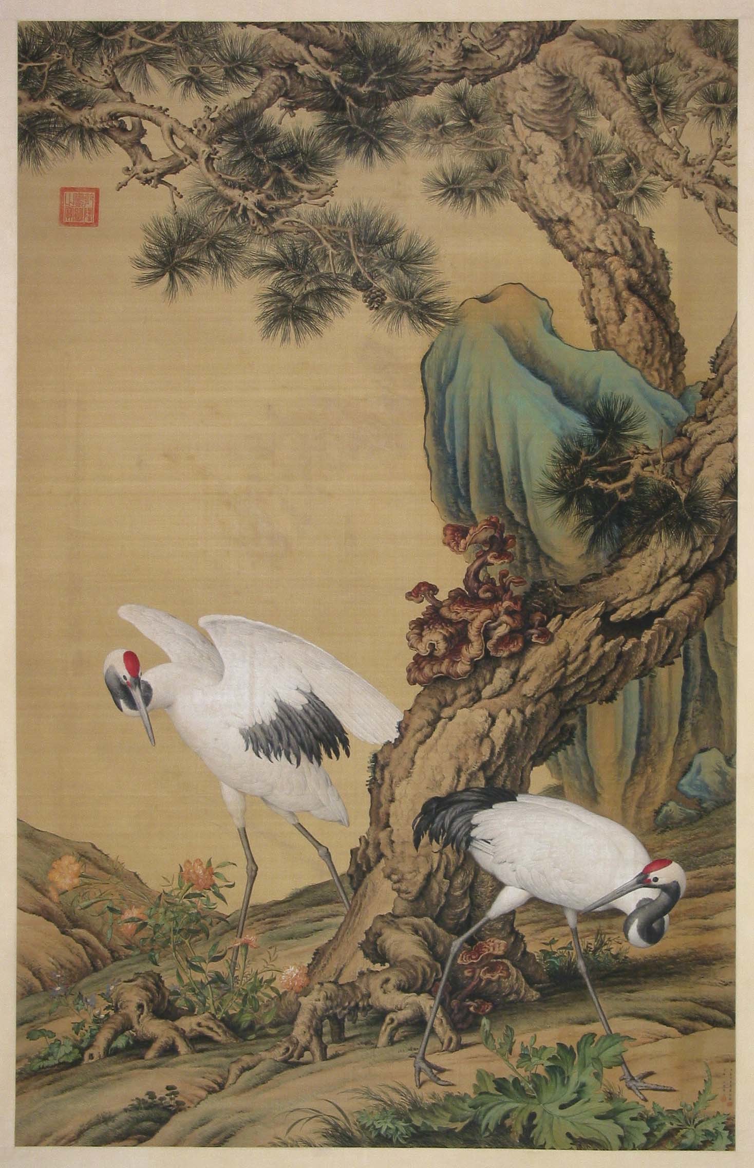 清 郎世宁唐岱合绘设色松鹤图轴
