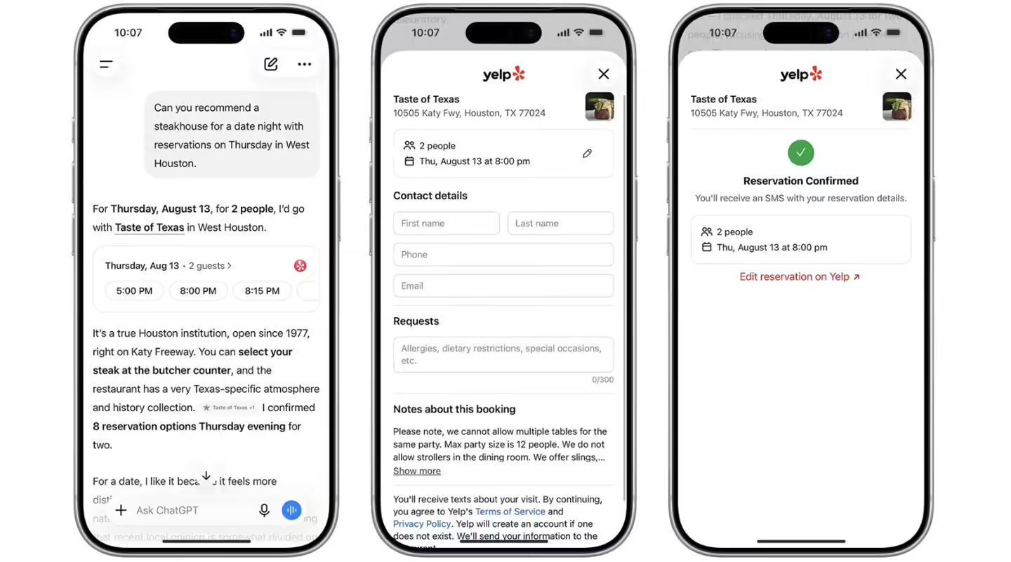 美国加拿大地区ChatGPT进一步接入点评平台Yelp,消费者可在聊天过程中直接预订餐厅