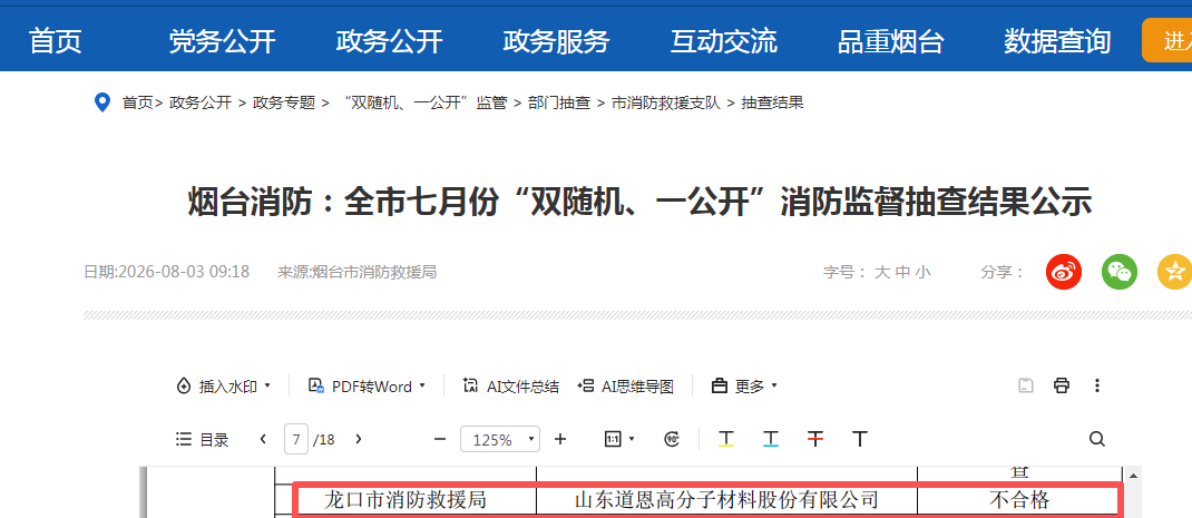 反差拉满！控股集团刚强调抓实安环管理，道恩股份消防抽查不合格！