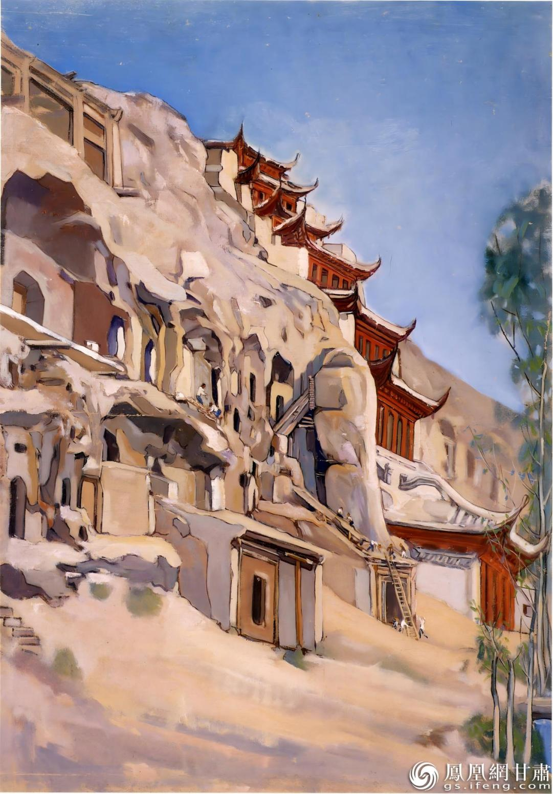 常书鸿作品《九层楼》选取莫高窟标志性建筑九层楼作为核心创作元素，尽显艺术魅力。敦煌研究院供图