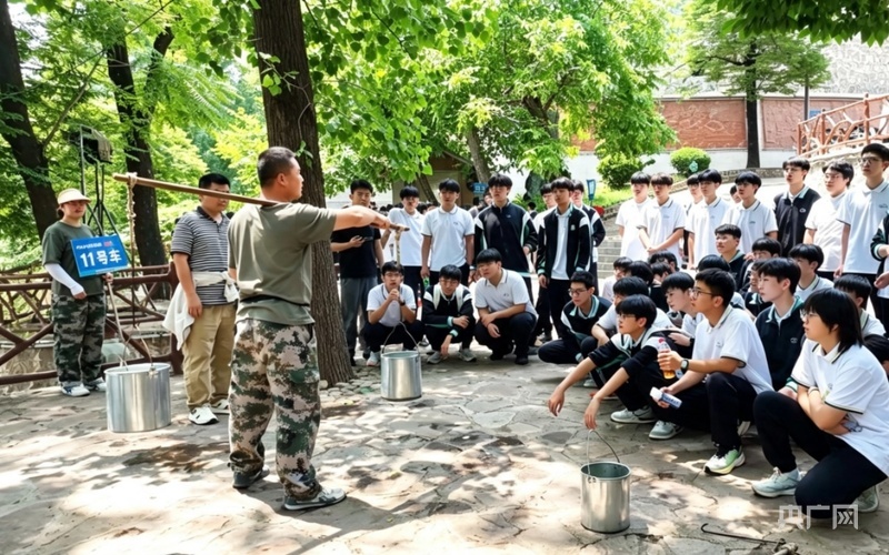 学生们在红色记忆小镇体验挑水（央广网发 涉县融媒体中心供图）
