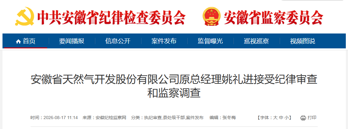 主动投案！安徽一企业原总经理被查