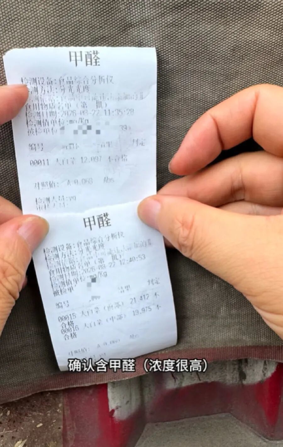 确认含甲醛的检测单（自媒体博主视频截图）