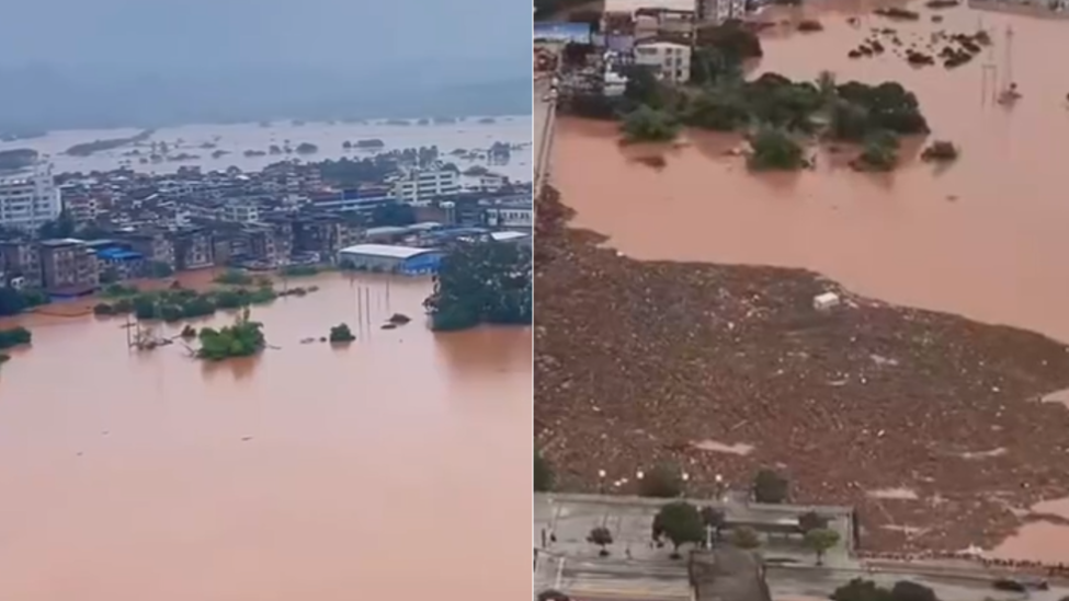 台风“紫檀”致广西宁明积水约4米，江面聚集大量漂浮物