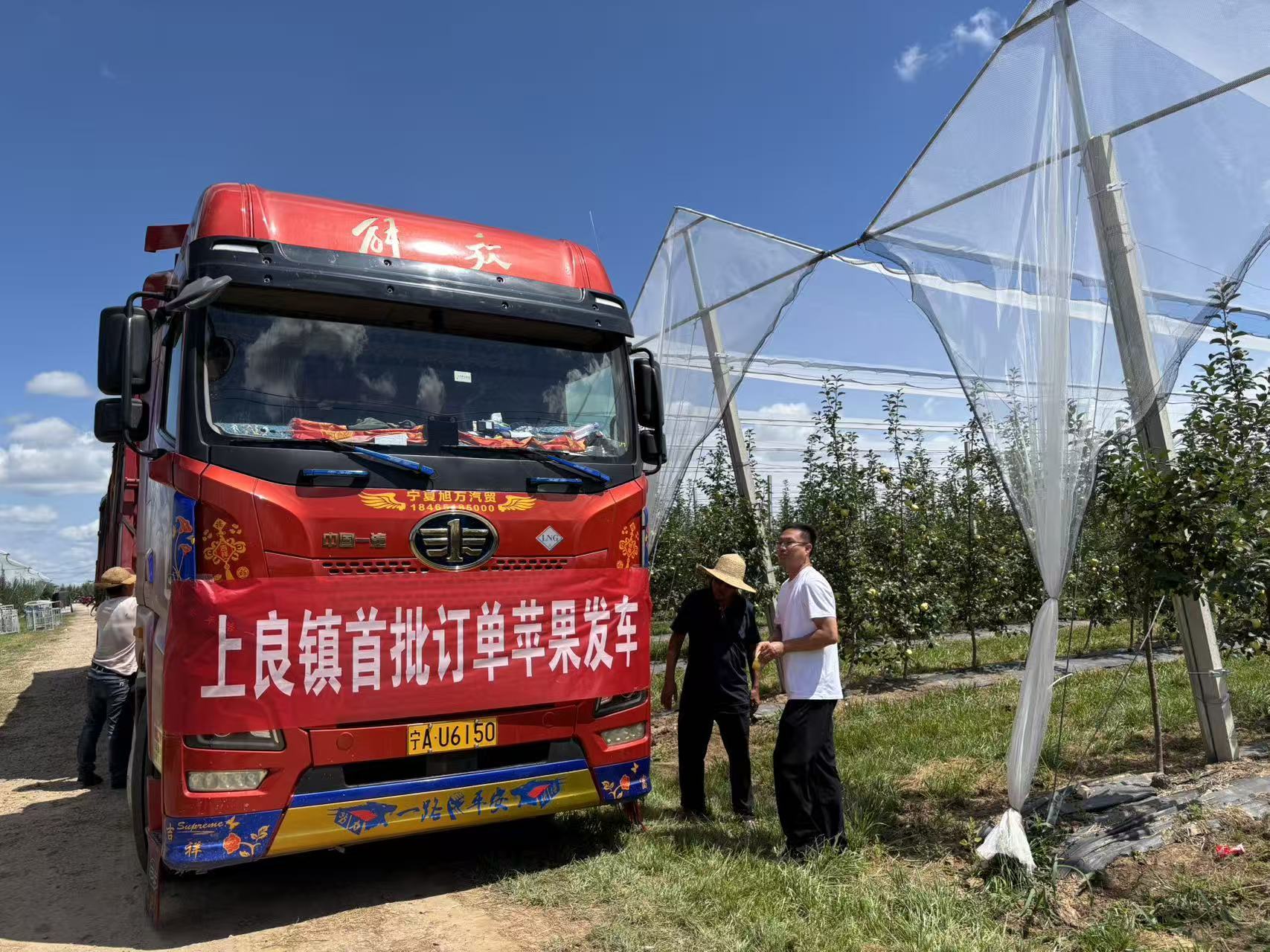 (图片为灵台县上良镇首批订单苹果发车)