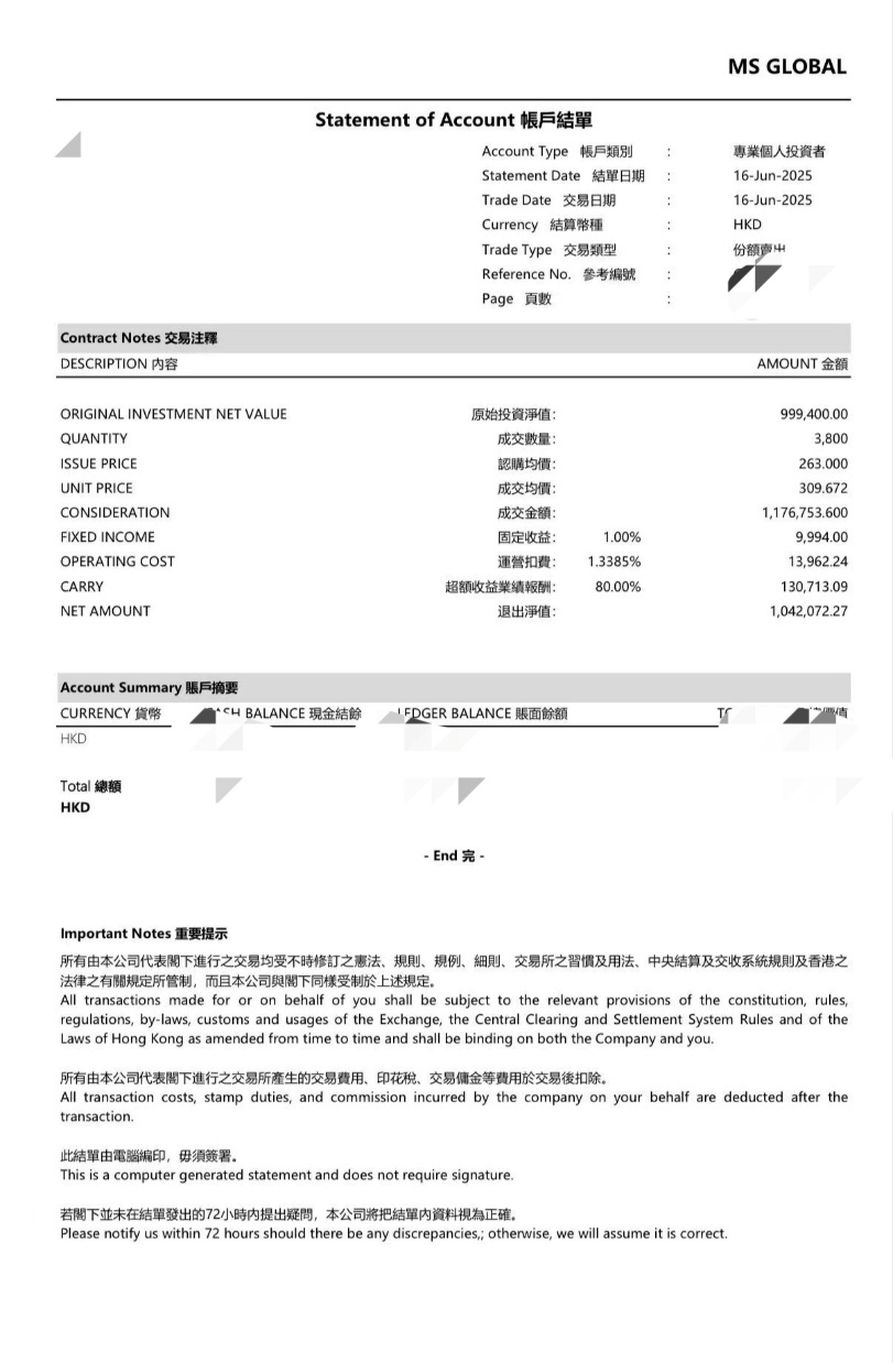 图为MS Global结算单