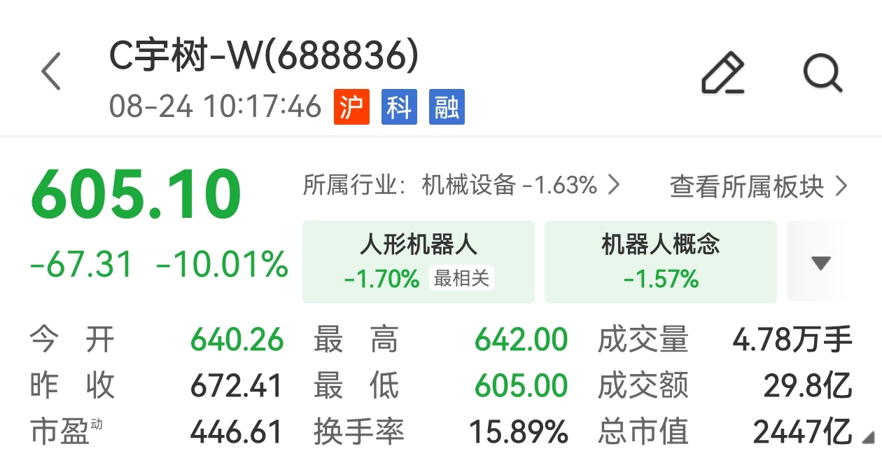 宇树科技盘中跌超10%，市值较高点蒸发超2000亿元