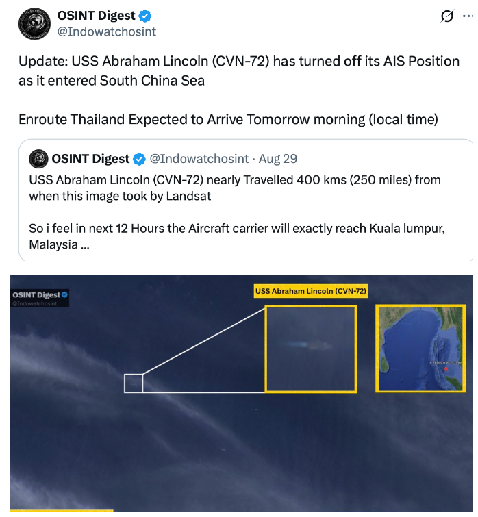 本文信息来源“OSINT Digest”活跃于 X(原推特)的民间开源情报(OSINT)自媒体账号,立足东南亚,聚焦印太海域军事动态,主要依靠Landsat 陆地卫星公开卫星影像、AIS 船舶自动识别系统、公开海事数据进行舰船位置研判