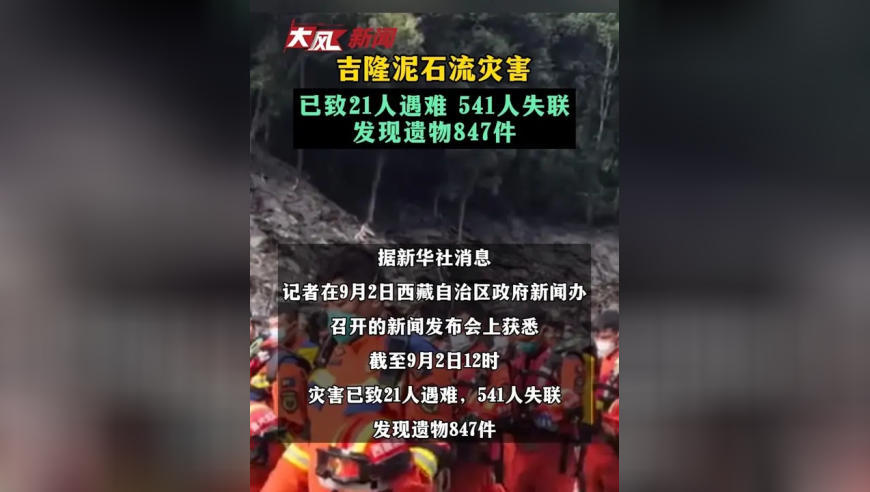 吉隆泥石流灾害 已致21人遇难 541人失联 发现遗物847件