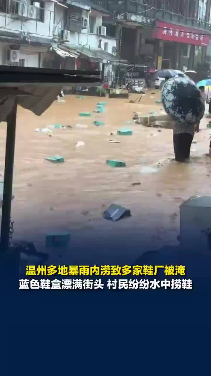 温州多家鞋厂被淹有人在水里捞鞋