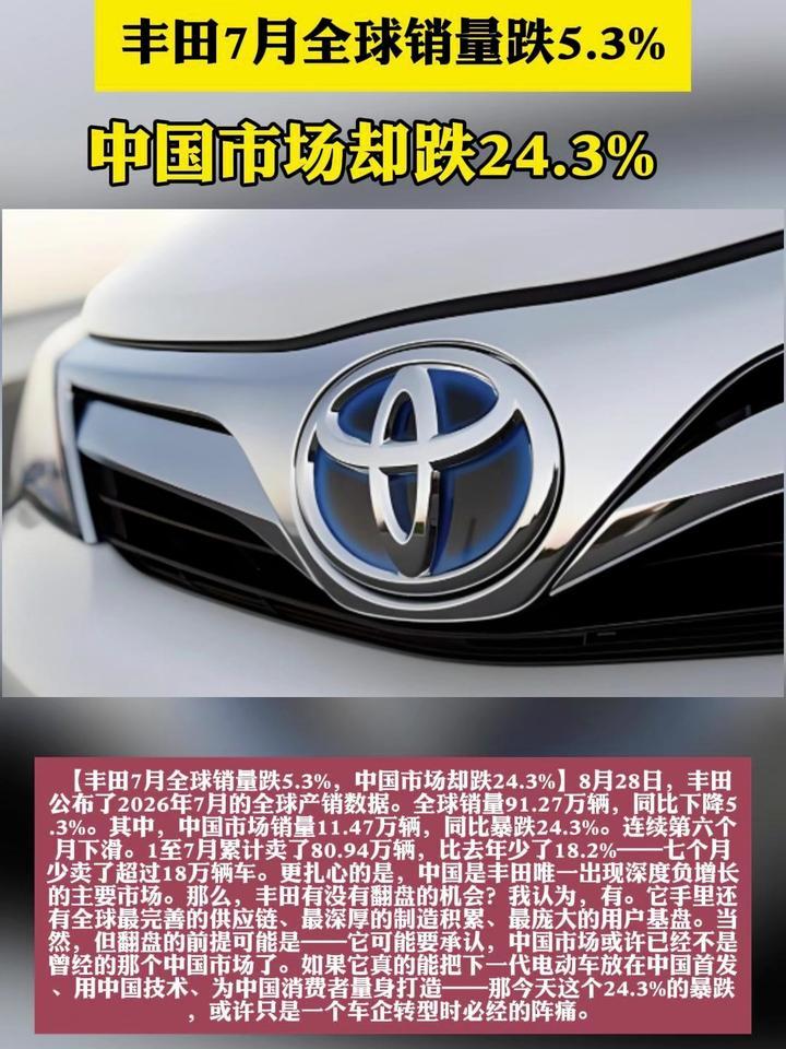 丰田7月全球销量跌5.3%，中国市场却跌24.3%